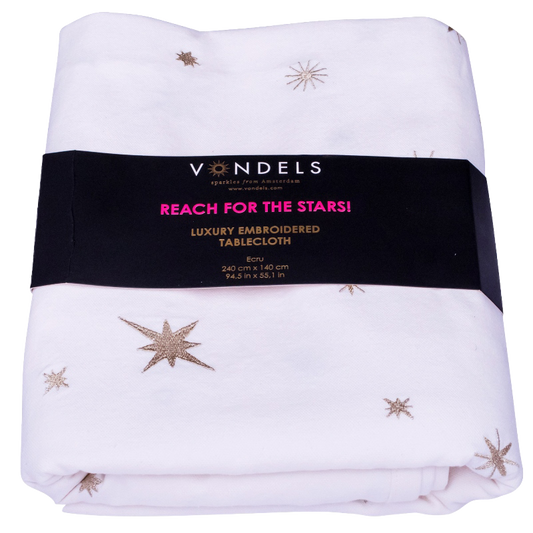 Embroidered table cloth stars all over ecru 240cmx140cm#
