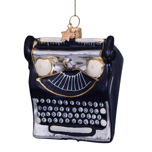 Ornament glass black w/gold typewriter H9cm