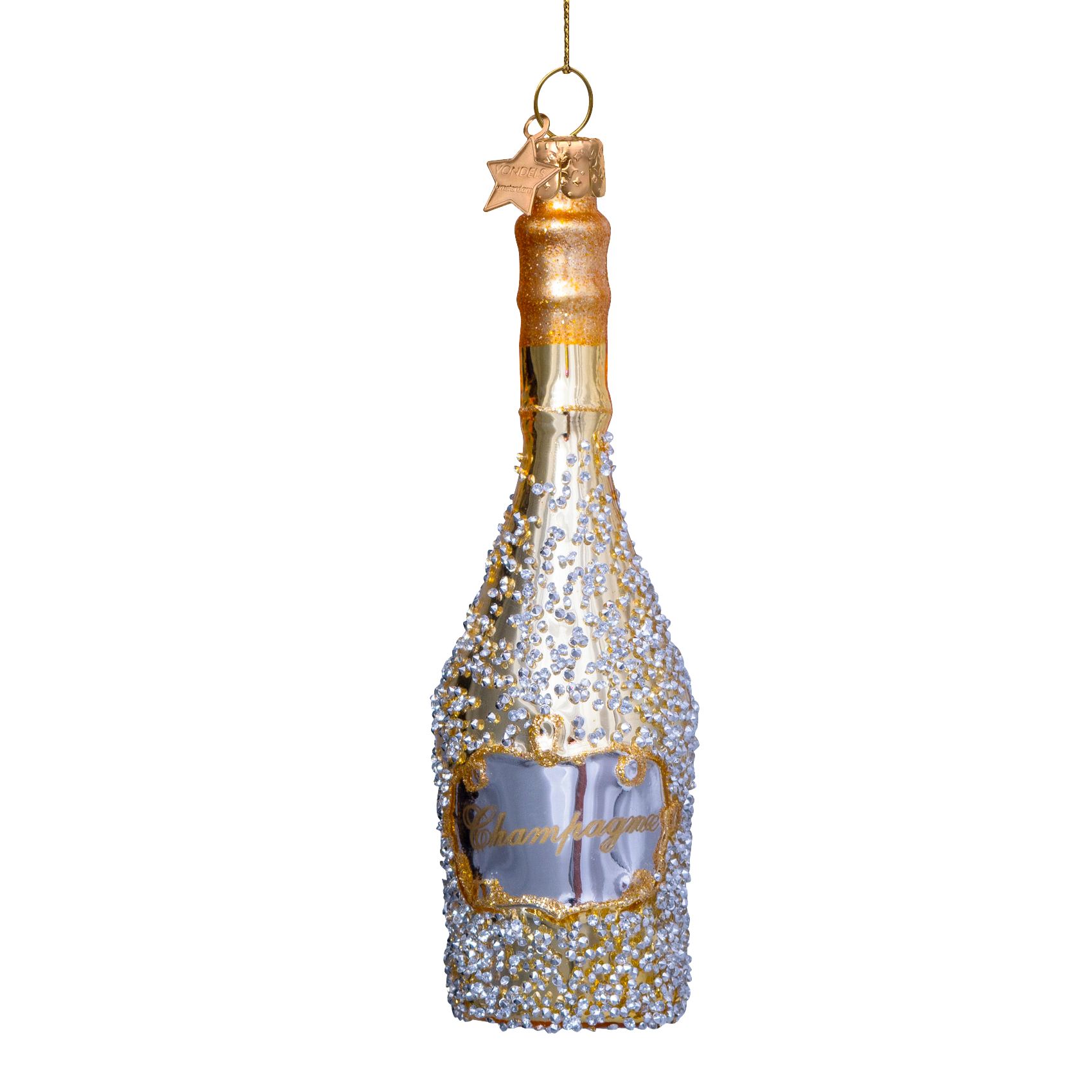 Ornament gold champagne bottle w/diamonds H15.5cm