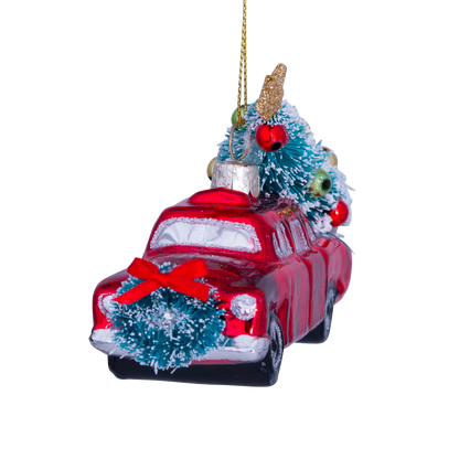 Ornament aus Glas, rotes Auto mit Weihnachtsbaum, Höhe 7,5 cm
