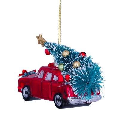 Ornament aus Glas, rotes Auto mit Weihnachtsbaum, Höhe 7,5 cm