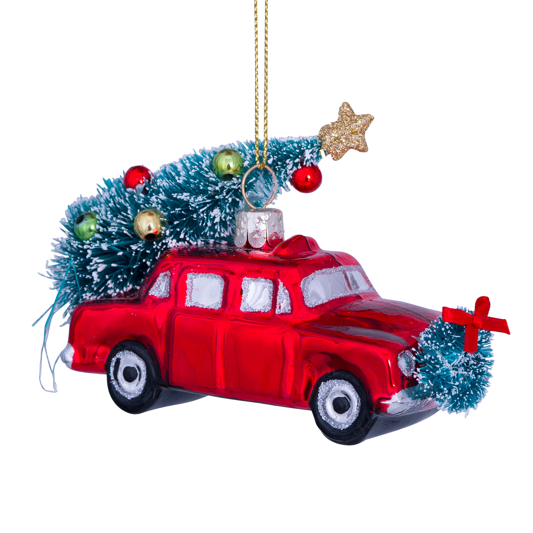 Ornament aus Glas, rotes Auto mit Weihnachtsbaum, Höhe 7,5 cm