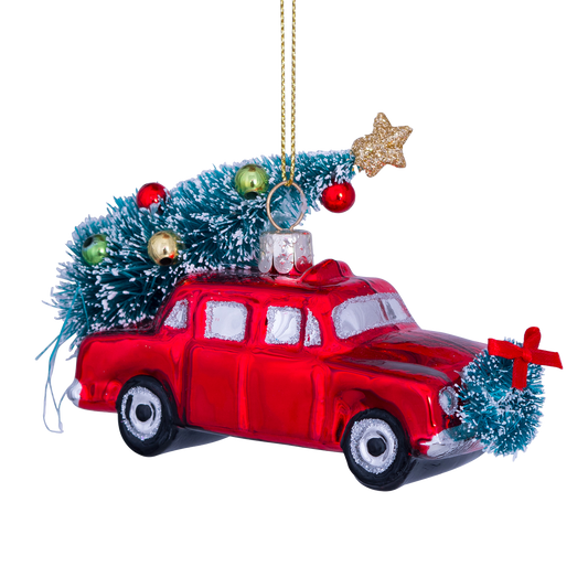 Ornament glass red car w/christmas tree H7.5cm