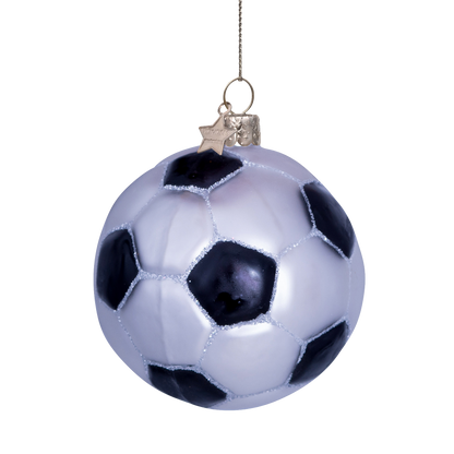 Ornament glass white/black glitter football H7cm