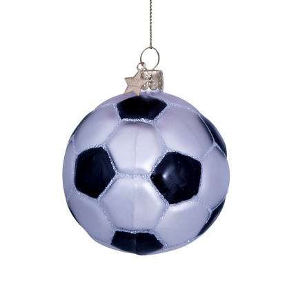 Ornament glass white/black glitter football H7cm