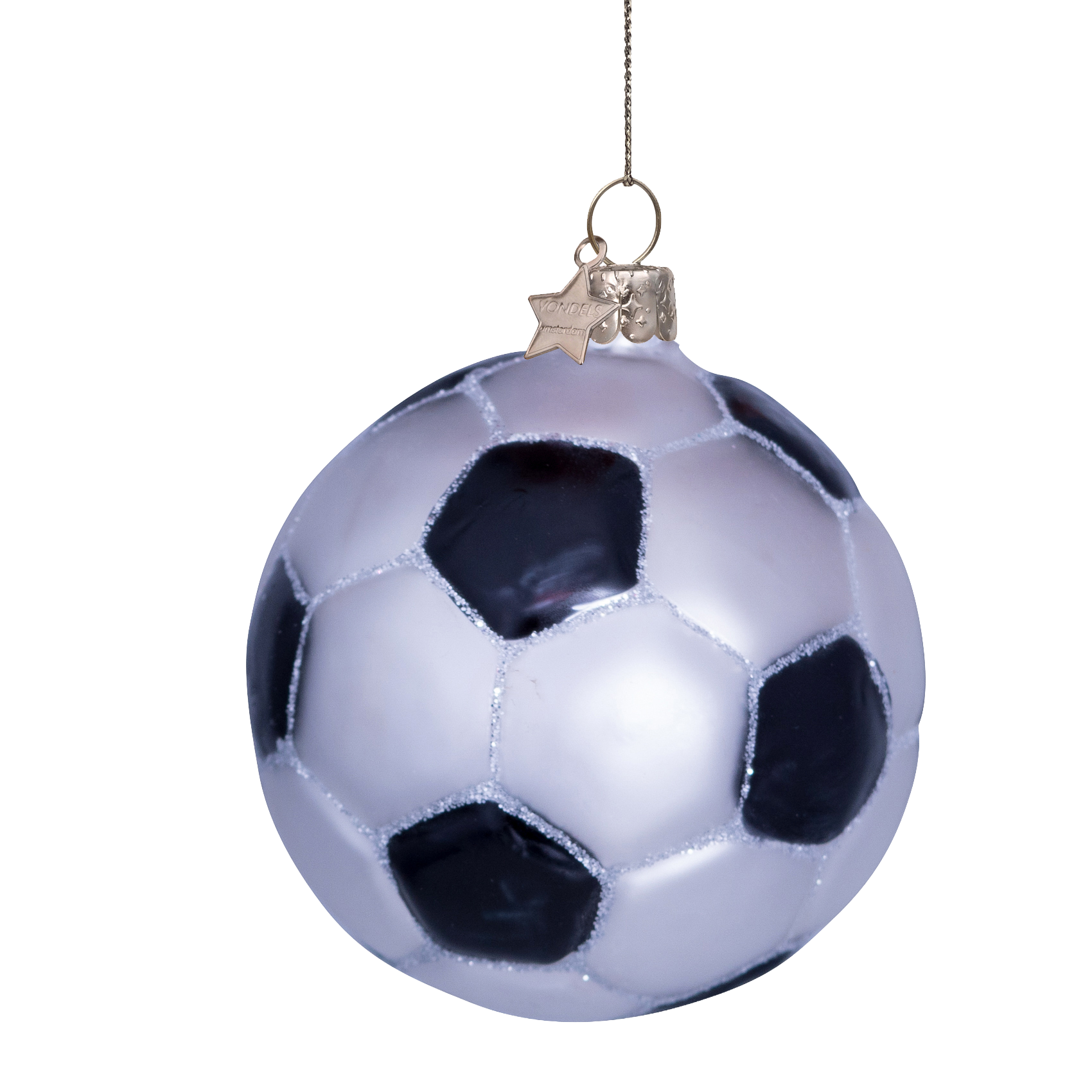 Ornament glass white/black glitter football H7cm