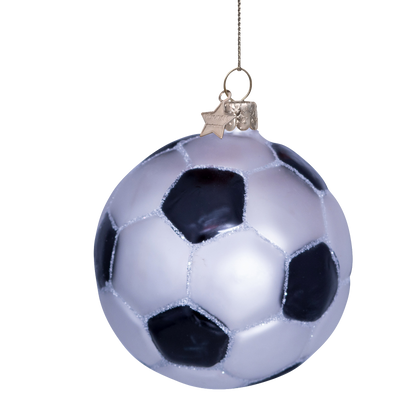 Ornament glass white/black glitter football H7cm