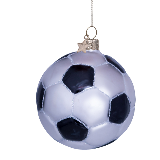 Ornament glass white/black glitter football H7cm