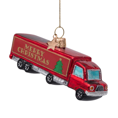 Ornament glass red truck w/merry christmas H5cm
