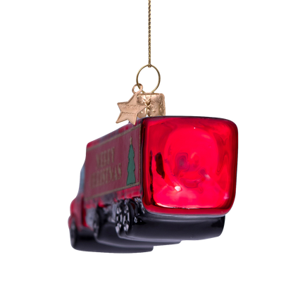 Ornament glass red truck w/merry christmas H5cm
