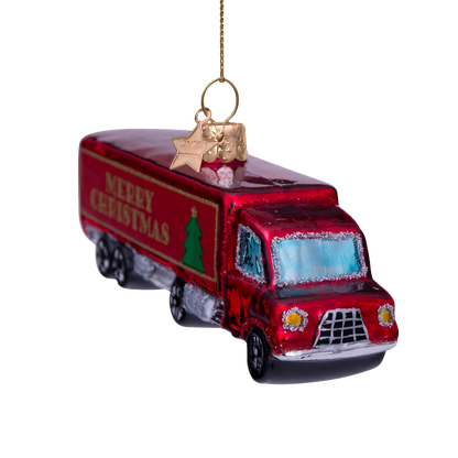 Ornament glass red truck w/merry christmas H5cm