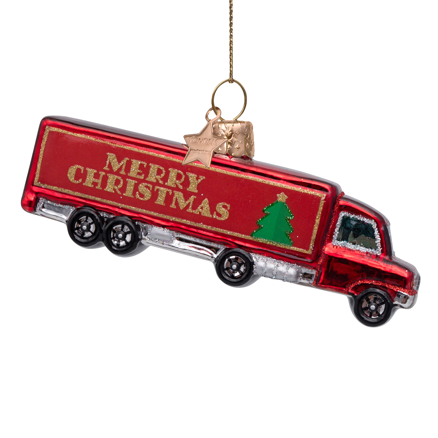 Ornament glass red truck w/merry christmas H5cm