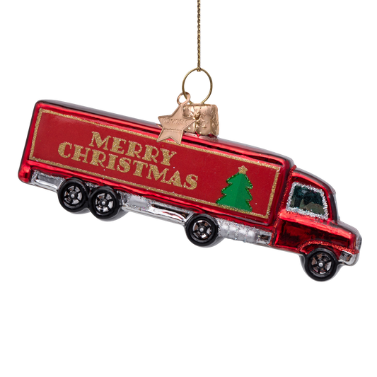 Ornament glass red truck w/merry christmas H5cm