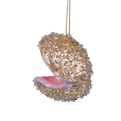 Dekorative Champagner-Glitzer-Auster aus Glas, H 6,5 cm