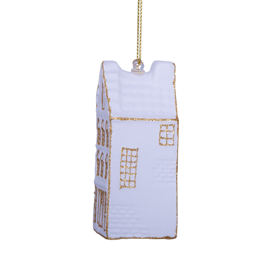 Ornament glass white/gold canal house step gable H8.5cm