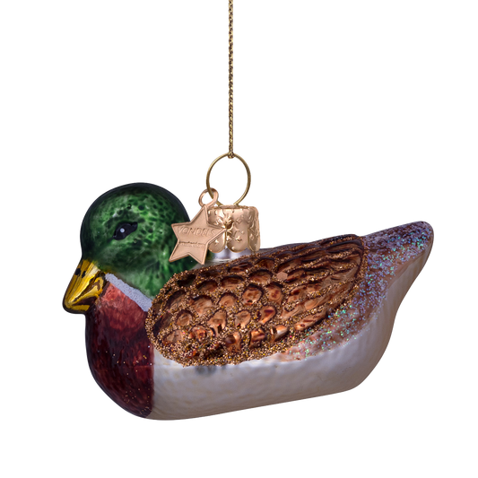 Ornament glass brown/green duck H5cm