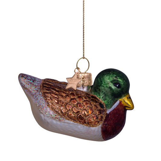 Ornament glass brown/green duck H5cm