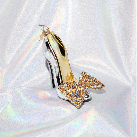 Ornament glass silver high heel w/bow H10.5cm
