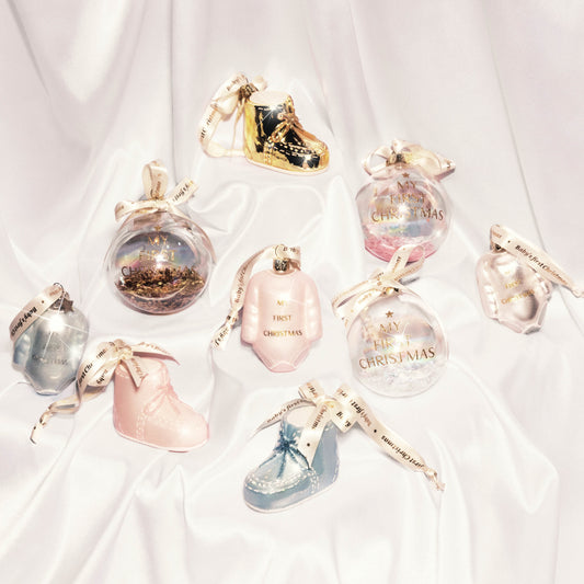 Bauble glass gold baby's first Christmas w/text H8cm#