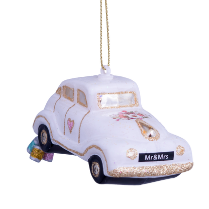 Ornament aus Glas: Hochzeitsauto mit dem Text „Just Married“, Höhe 4,5 cm