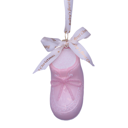 Ornament glass pink baby's first Christmas shoe H6cm