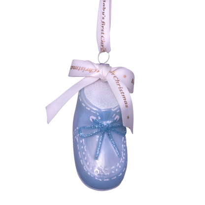 Ornament glass blue baby's first Christmas shoe H6cm