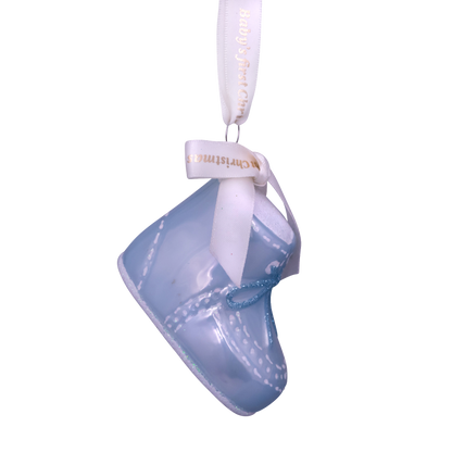 Ornament glass blue baby's first Christmas shoe H6cm