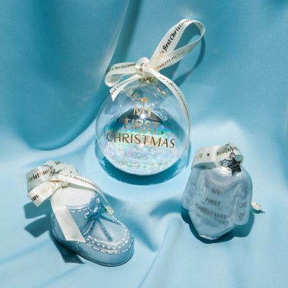 Ornament glass blue baby's first Christmas shoe H6cm