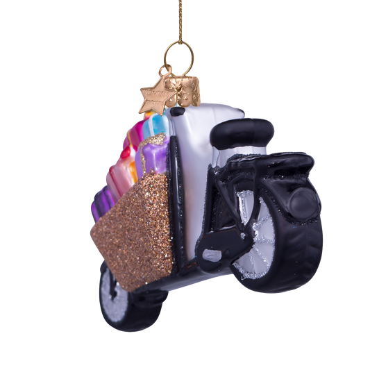 Ornament glass bakfiets with gifts H6.5cm