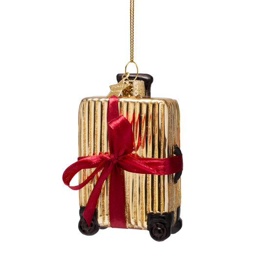 Ornament glass shiny gold ribbed suitcase H10cm