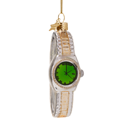 Ornament glass silver/ gold watch with green H11.5cm