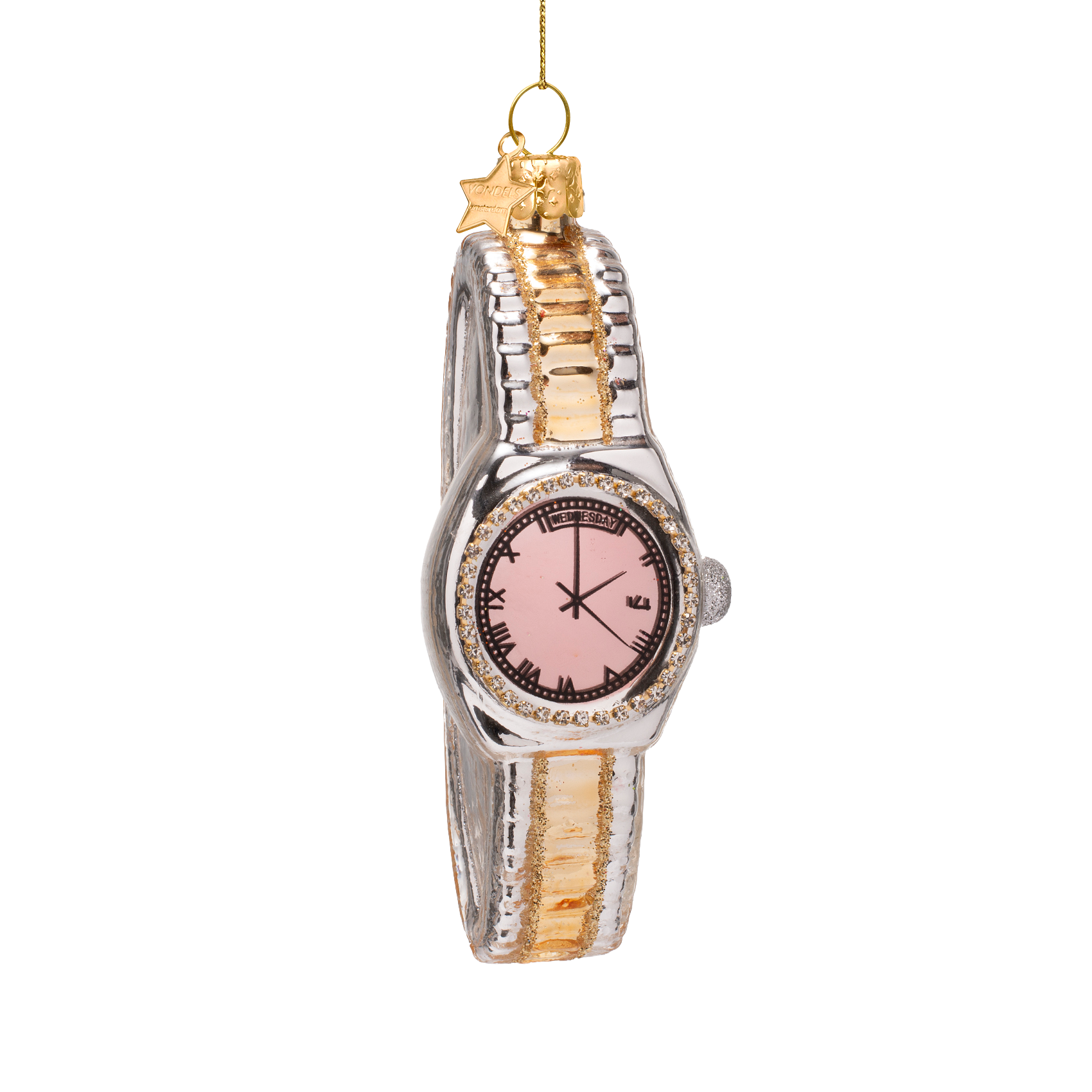 Ornament glass silver/ gold watch with pink H11.5cm