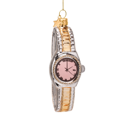 Ornament glass silver/ gold watch with pink H11.5cm