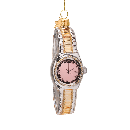 Ornament glass silver/ gold watch with pink H11.5cm