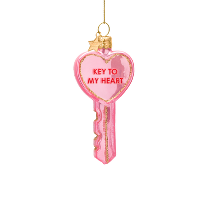 Ornament glass opal pink key w/key to my heart H9cm
