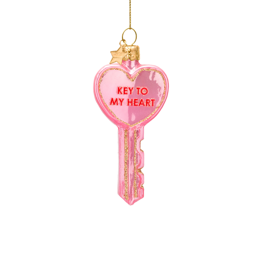 Ornament glass opal pink key w/key to my heart H9cm