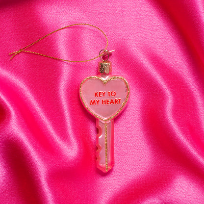 Ornament glass opal pink key w/key to my heart H9cm