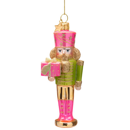 Ornament aus Glas, rosa/grüner Nussknacker, Höhe 16,5 cm