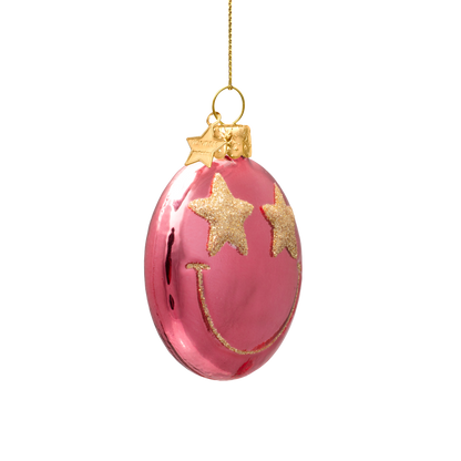 Ornament glass rose pink smiley w/ star eyes H7cm