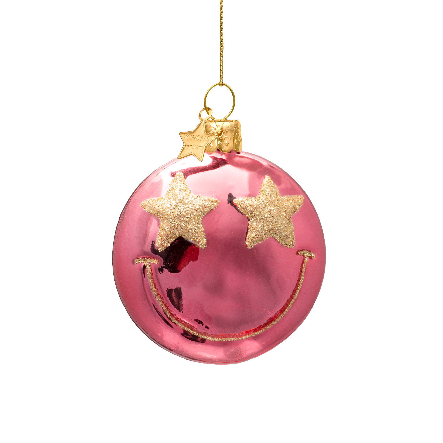 Ornament glass rose pink smiley w/ star eyes H7cm
