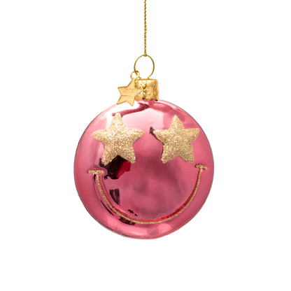 Ornament glass rose pink smiley w/ star eyes H7cm