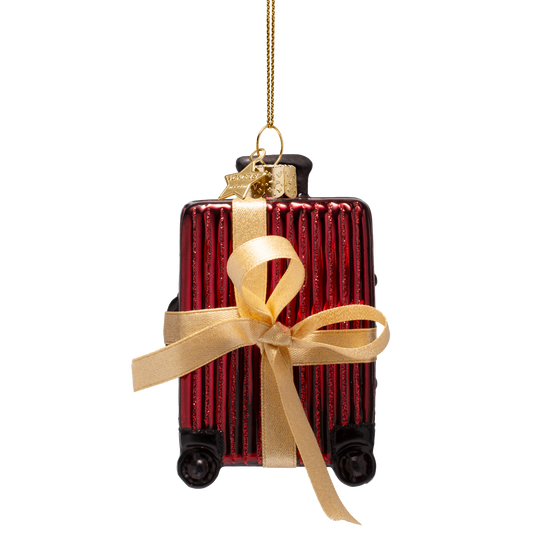 Ornament glass burgundy ribbed suitcase H10cm