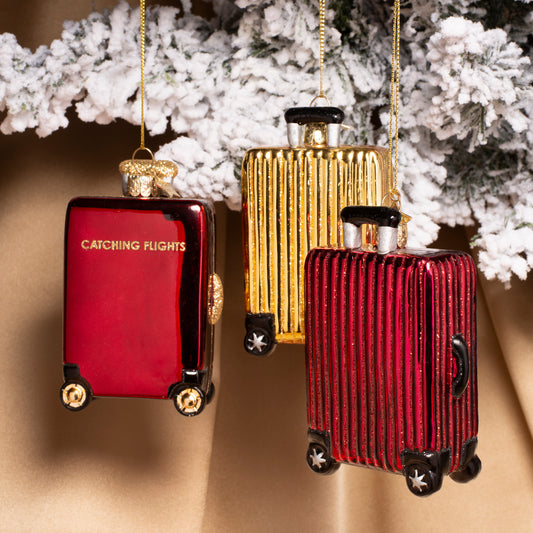 Ornament glass burgundy ribbed suitcase H10cm