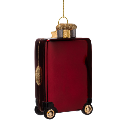 Ornament glass burgundy suitcase w/catching flights H10cm