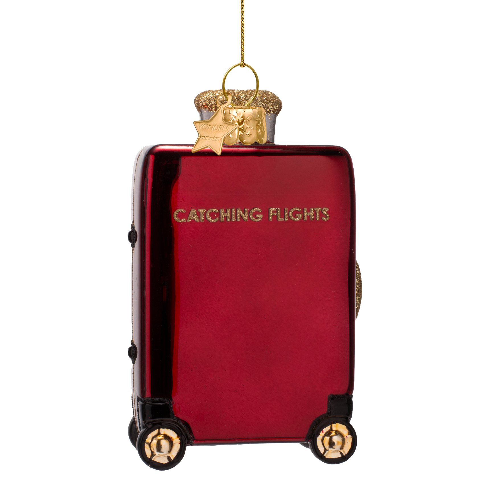 Ornament glass burgundy suitcase w/catching flights H10cm