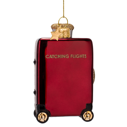 Ornament glass burgundy suitcase w/catching flights H10cm
