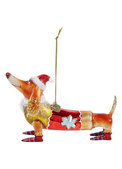 Ornament glass dachshund with christmas hat brown H9cm