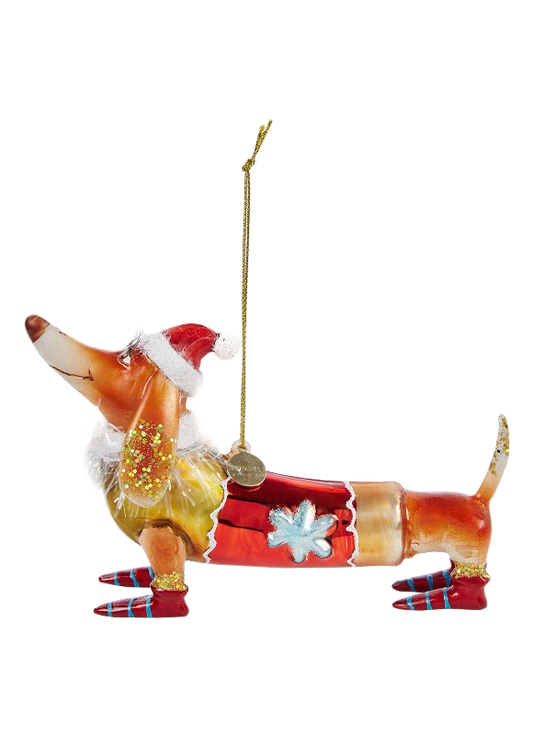 Ornament glass dachshund with christmas hat brown H9cm
