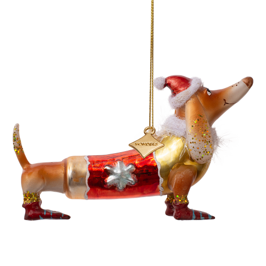 Ornament glass dachshund with christmas hat brown H9cm