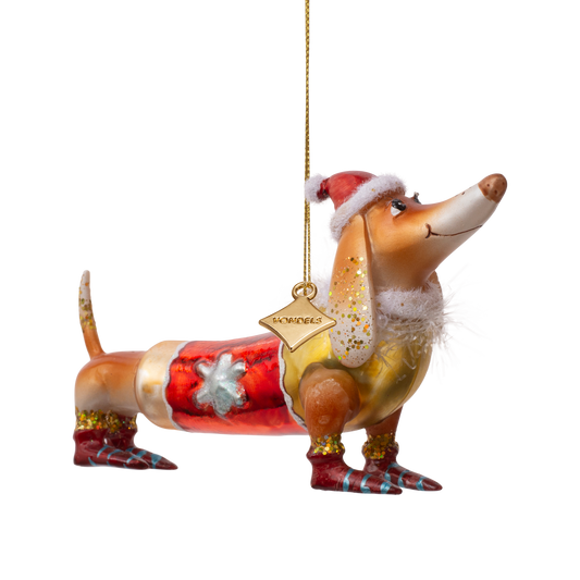 Ornament glass dachshund with christmas hat brown H9cm